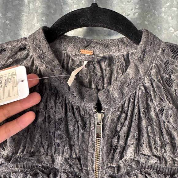 NWT Free People Grey Floral Lace Peplum Zip Up Jacket Puff Sleeve Boho Small NEW - Picture 2 of 15